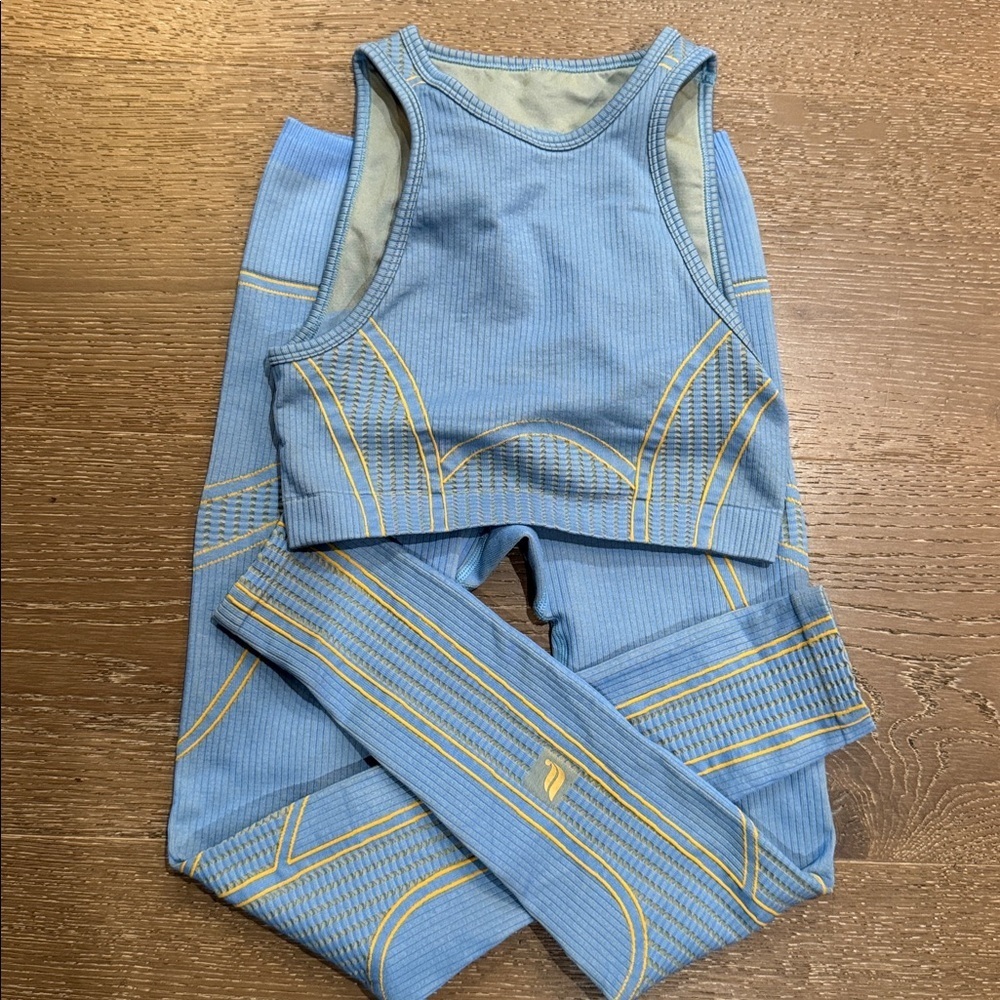 Fabletics Blue & Yellow Seamless Ribbed Workout Set Size S - Picture 5 of 9